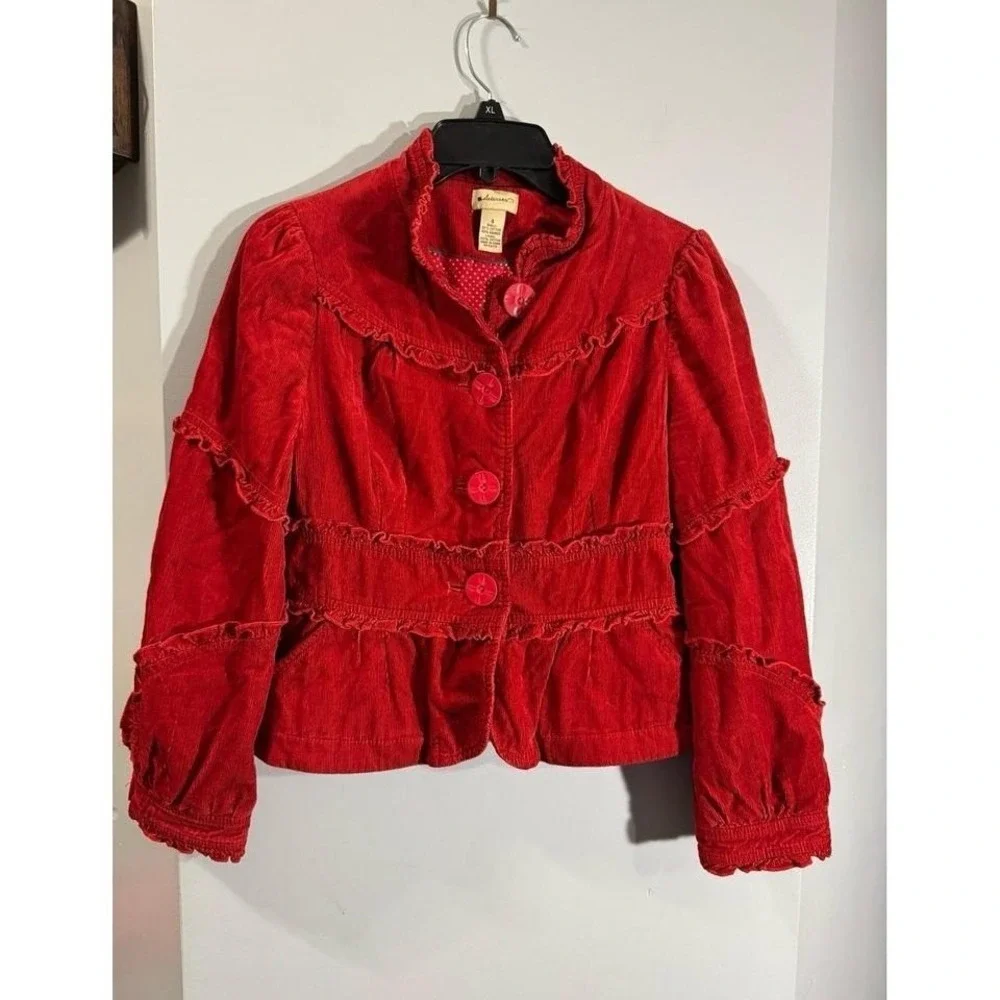 Elevenses by Anthropologie red corduroy‎ large button front ruffle jacket size 4